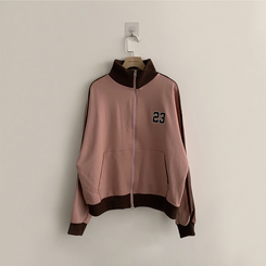 꾸안꾸 무드의 자수 두줄 배색 가을 긴팔 오버핏 집업 겨울 아우터 트레이닝 져지 하이넥 맨투맨 5color