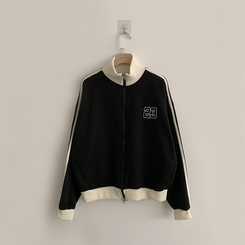 꾸안꾸 무드의 자수 두줄 배색 가을 긴팔 오버핏 집업 겨울 아우터 트레이닝 져지 하이넥 맨투맨 5color