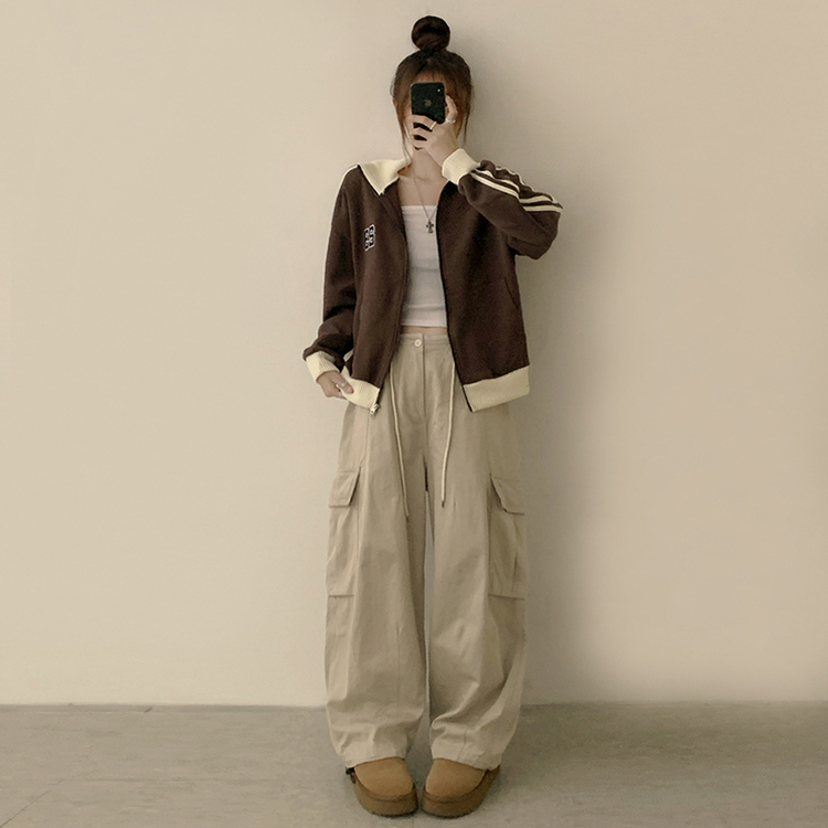 꾸안꾸 무드의 자수 두줄 배색 가을 긴팔 오버핏 집업 겨울 아우터 트레이닝 져지 하이넥 맨투맨 5color 브라운