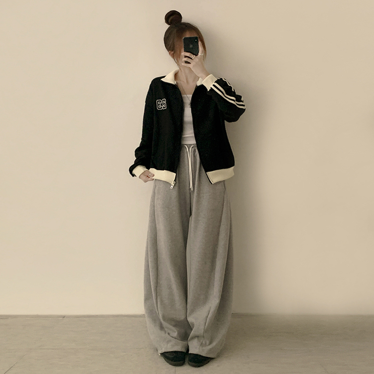 꾸안꾸 무드의 자수 두줄 배색 가을 긴팔 오버핏 집업 겨울 아우터 트레이닝 져지 하이넥 맨투맨 5color 블랙