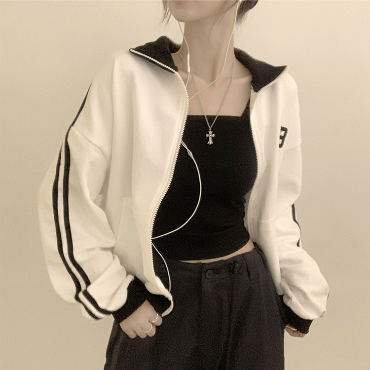 꾸안꾸 무드의 자수 두줄 배색 가을 긴팔 오버핏 집업 겨울 아우터 트레이닝 져지 하이넥 맨투맨 5color 화이트