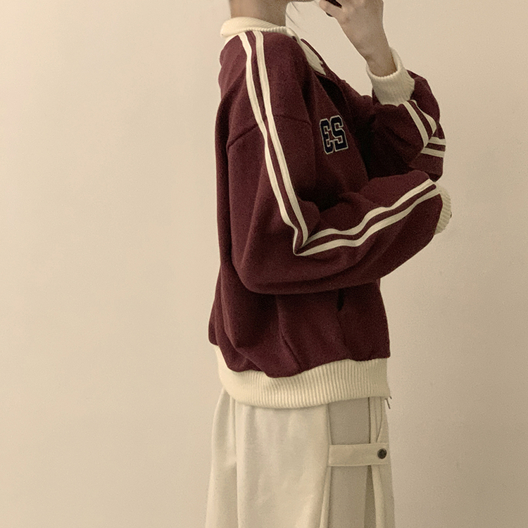 꾸안꾸 무드의 자수 두줄 배색 가을 긴팔 오버핏 집업 겨울 아우터 트레이닝 져지 하이넥 맨투맨 5color 레드