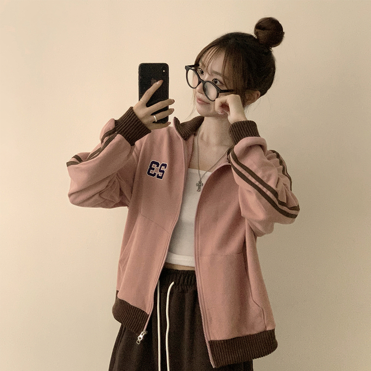 꾸안꾸 무드의 자수 두줄 배색 가을 긴팔 오버핏 집업 겨울 아우터 트레이닝 져지 하이넥 맨투맨 5color 핑크