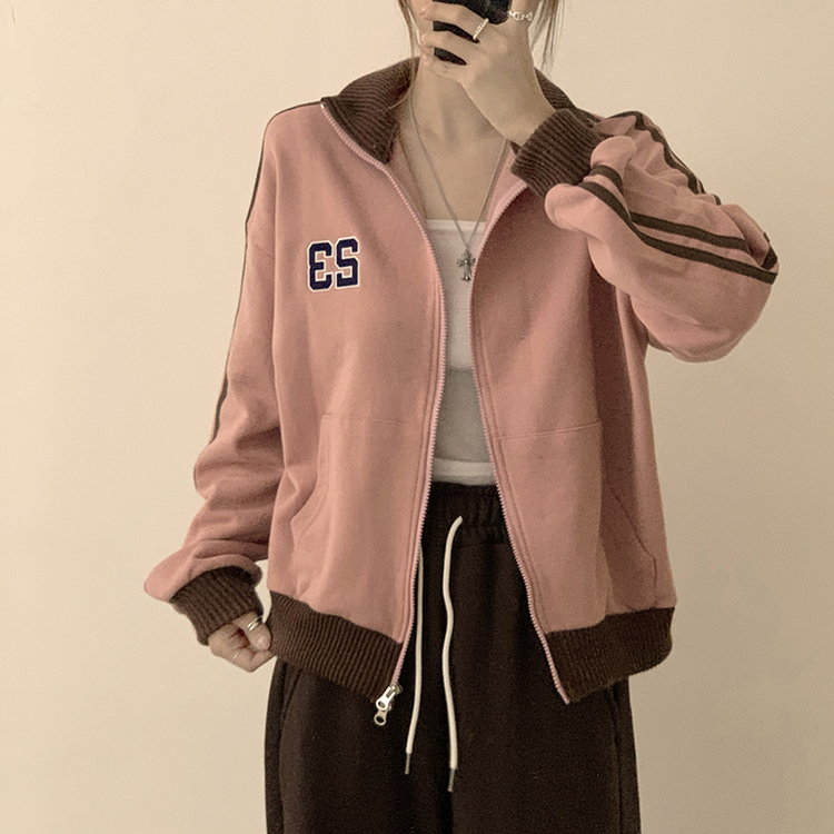 꾸안꾸 무드의 자수 두줄 배색 가을 긴팔 오버핏 집업 겨울 아우터 트레이닝 져지 하이넥 맨투맨 5color 핑크