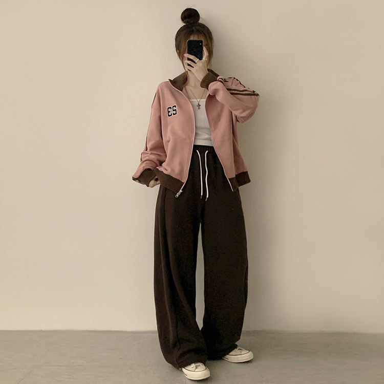 꾸안꾸 무드의 자수 두줄 배색 가을 긴팔 오버핏 집업 겨울 아우터 트레이닝 져지 하이넥 맨투맨 5color 핑크