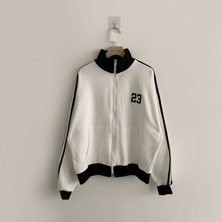 꾸안꾸 무드의 자수 두줄 배색 가을 긴팔 오버핏 집업 겨울 아우터 트레이닝 져지 하이넥 맨투맨 5color