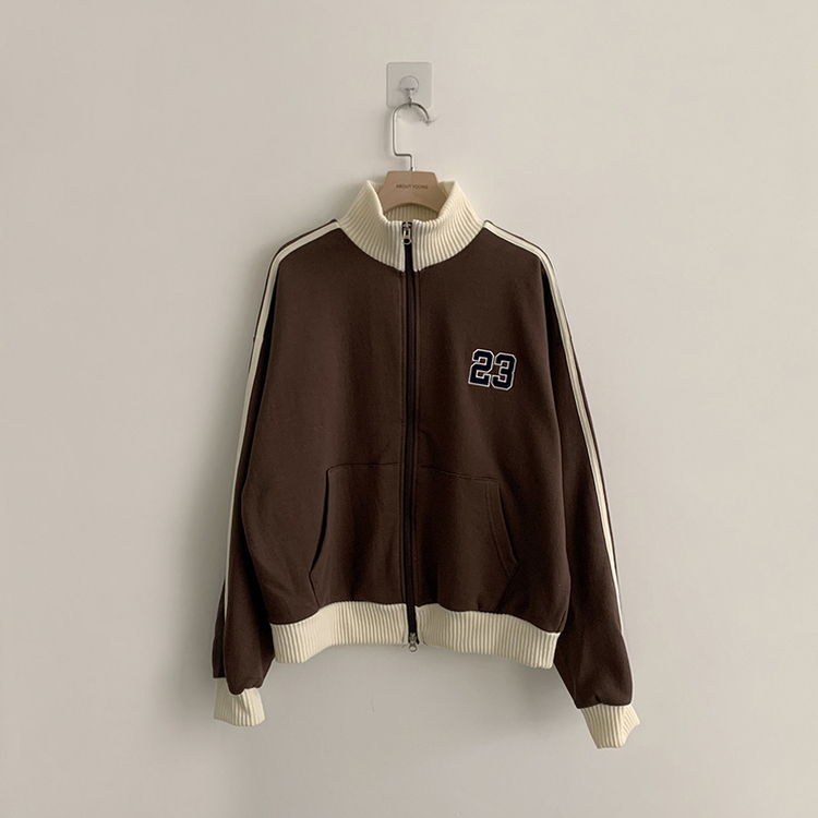 꾸안꾸 무드의 자수 두줄 배색 가을 긴팔 오버핏 집업 겨울 아우터 트레이닝 져지 하이넥 맨투맨 5color