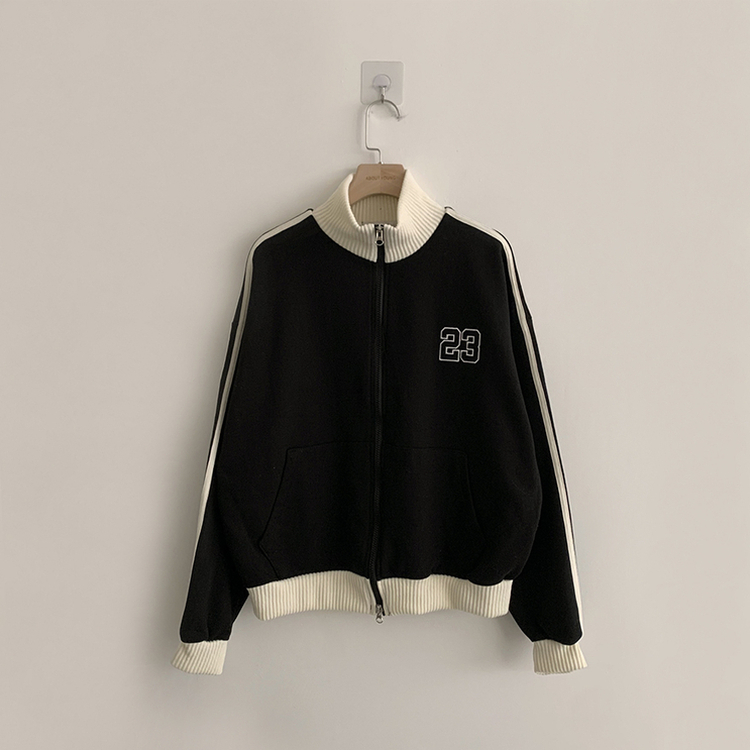 꾸안꾸 무드의 자수 두줄 배색 가을 긴팔 오버핏 집업 겨울 아우터 트레이닝 져지 하이넥 맨투맨 5color