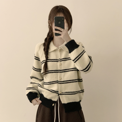 실물보장 귀여운 무드의 미미 라인 오버핏 스트라이프 가을 긴팔 니트 가디건 아이보리