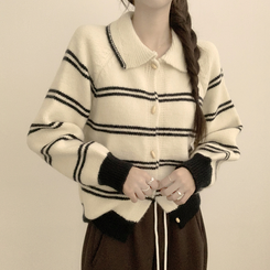 실물보장 귀여운 무드의 미미 라인 오버핏 스트라이프 가을 긴팔 니트 가디건 아이보리