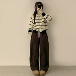 실물보장 귀여운 무드의 미미 라인 오버핏 스트라이프 가을 긴팔 니트 가디건 아이보리