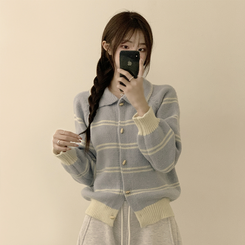 실물보장 귀여운 무드의 미미 라인 오버핏 스트라이프 가을 긴팔 니트 가디건 소라