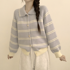 실물보장 귀여운 무드의 미미 라인 오버핏 스트라이프 가을 긴팔 니트 가디건 소라