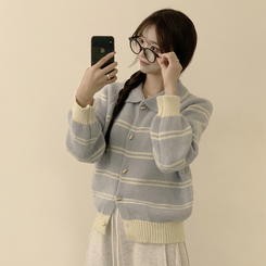 실물보장 귀여운 무드의 미미 라인 오버핏 스트라이프 가을 긴팔 니트 가디건 소라