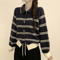실물보장 귀여운 무드의 미미 라인 오버핏 스트라이프 가을 긴팔 니트 가디건 네이비