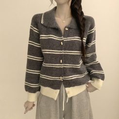 실물보장 귀여운 무드의 미미 라인 오버핏 스트라이프 가을 긴팔 니트 가디건 그레이