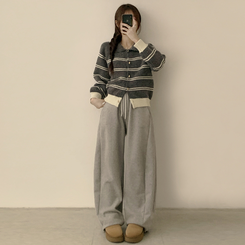 실물보장 귀여운 무드의 미미 라인 오버핏 스트라이프 가을 긴팔 니트 가디건 그레이