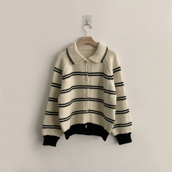 실물보장 귀여운 무드의 미미 라인 오버핏 스트라이프 가을 긴팔 니트 가디건