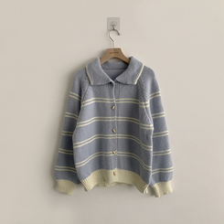 실물보장 귀여운 무드의 미미 라인 오버핏 스트라이프 가을 긴팔 니트 가디건