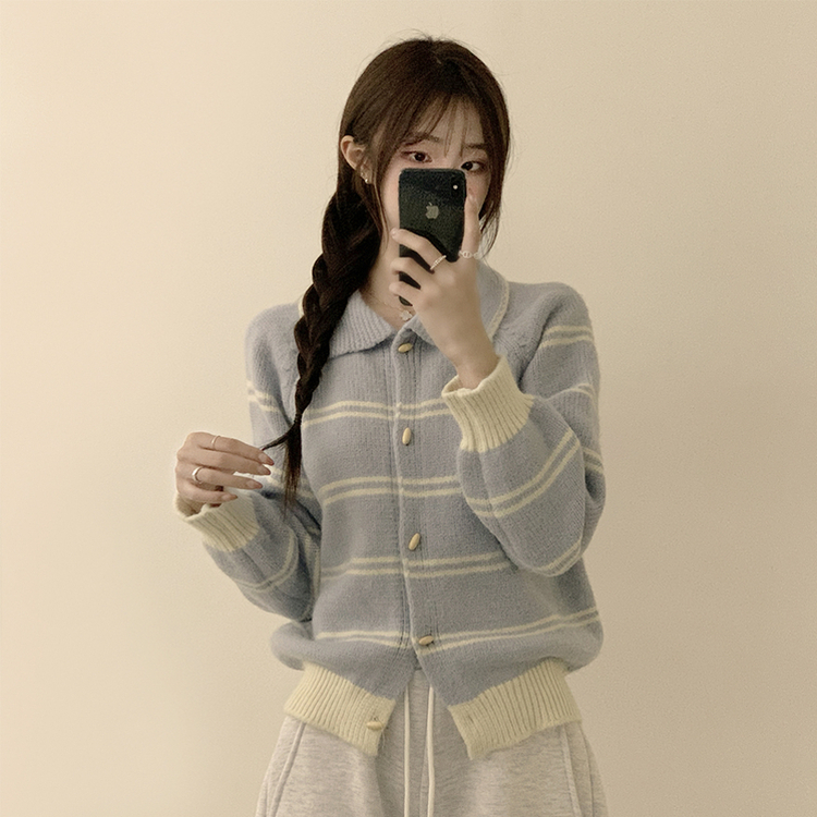 실물보장 귀여운 무드의 미미 라인 오버핏 스트라이프 가을 긴팔 니트 가디건 소라