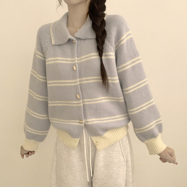실물보장 귀여운 무드의 미미 라인 오버핏 스트라이프 가을 긴팔 니트 가디건 소라
