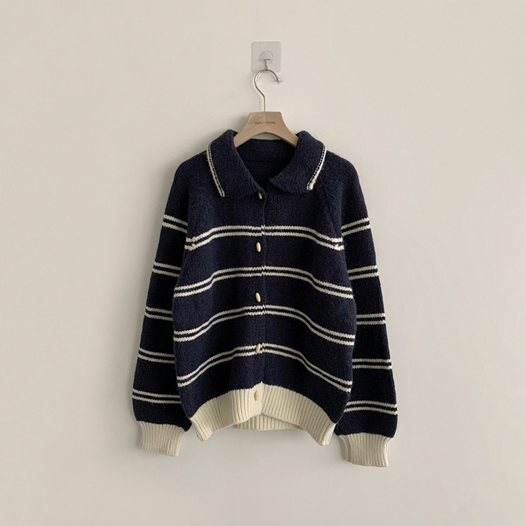 실물보장 귀여운 무드의 미미 라인 오버핏 스트라이프 가을 긴팔 니트 가디건