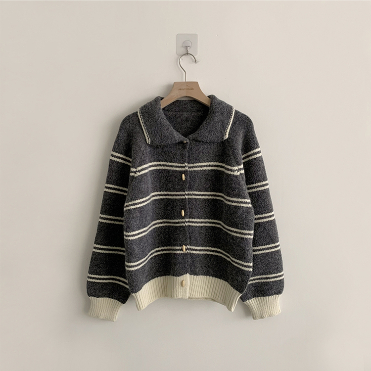 실물보장 귀여운 무드의 미미 라인 오버핏 스트라이프 가을 긴팔 니트 가디건