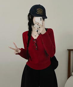 [V,라운드넥 선택]세미크롭핏라운드브이넥긴팔니트(10color) 레드