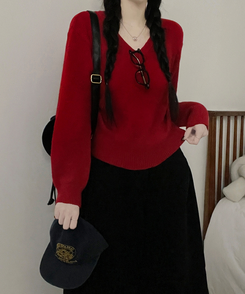 [V,라운드넥 선택]세미크롭핏라운드브이넥긴팔니트(10color) 레드