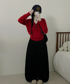 [V,라운드넥 선택]세미크롭핏라운드브이넥긴팔니트(10color) 레드