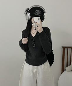 [V,라운드넥 선택]세미크롭핏라운드브이넥긴팔니트(10color) 차콜