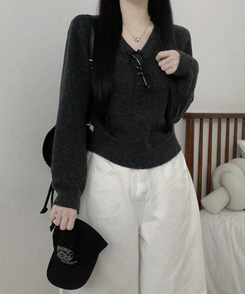 [V,라운드넥 선택]세미크롭핏라운드브이넥긴팔니트(10color) 차콜