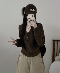 [V,라운드넥 선택]세미크롭핏라운드브이넥긴팔니트(10color) 밤색