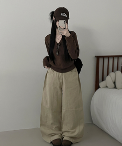 [V,라운드넥 선택]세미크롭핏라운드브이넥긴팔니트(10color) 밤색