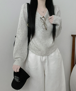 [V,라운드넥 선택]세미크롭핏라운드브이넥긴팔니트(10color) 회색