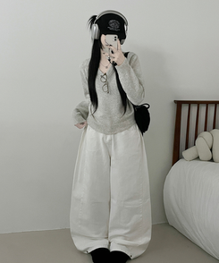 [V,라운드넥 선택]세미크롭핏라운드브이넥긴팔니트(10color) 회색