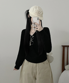 [V,라운드넥 선택]세미크롭핏라운드브이넥긴팔니트(10color) 검정