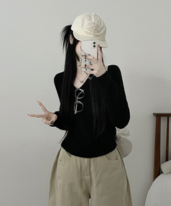 [V,라운드넥 선택]세미크롭핏라운드브이넥긴팔니트(10color) 검정