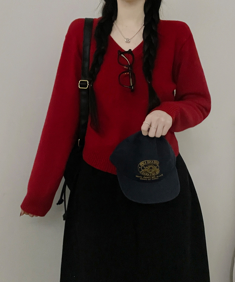 [V,라운드넥 선택]세미크롭핏라운드브이넥긴팔니트(10color) 레드