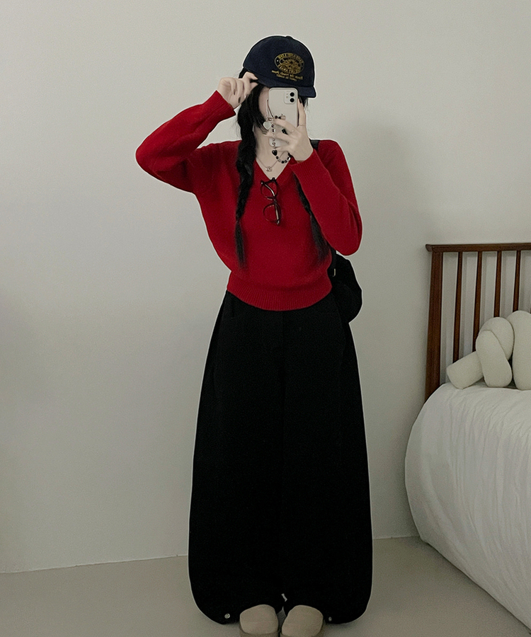 [V,라운드넥 선택]세미크롭핏라운드브이넥긴팔니트(10color) 레드