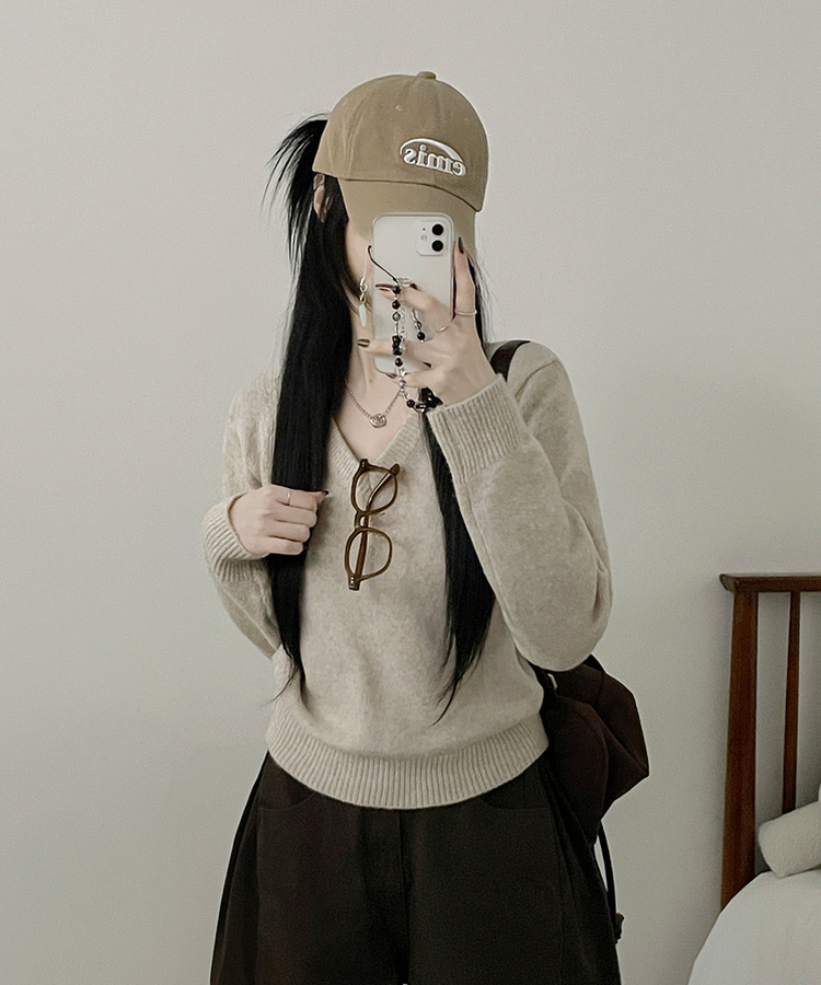 [V,라운드넥 선택]세미크롭핏라운드브이넥긴팔니트(10color) 오트밀