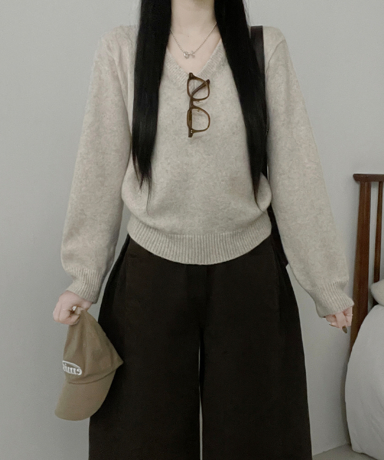 [V,라운드넥 선택]세미크롭핏라운드브이넥긴팔니트(10color) 오트밀