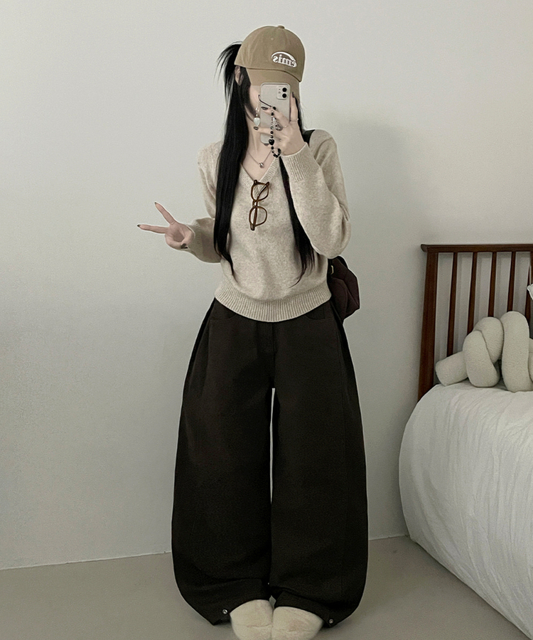 [V,라운드넥 선택]세미크롭핏라운드브이넥긴팔니트(10color) 오트밀