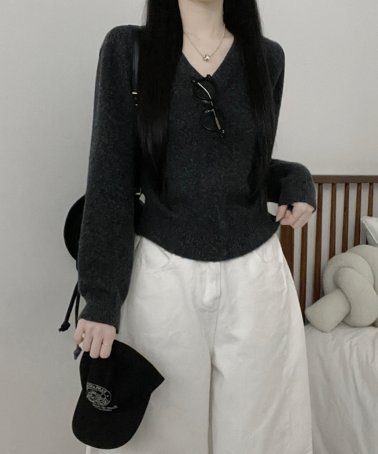 [V,라운드넥 선택]세미크롭핏라운드브이넥긴팔니트(10color) 차콜