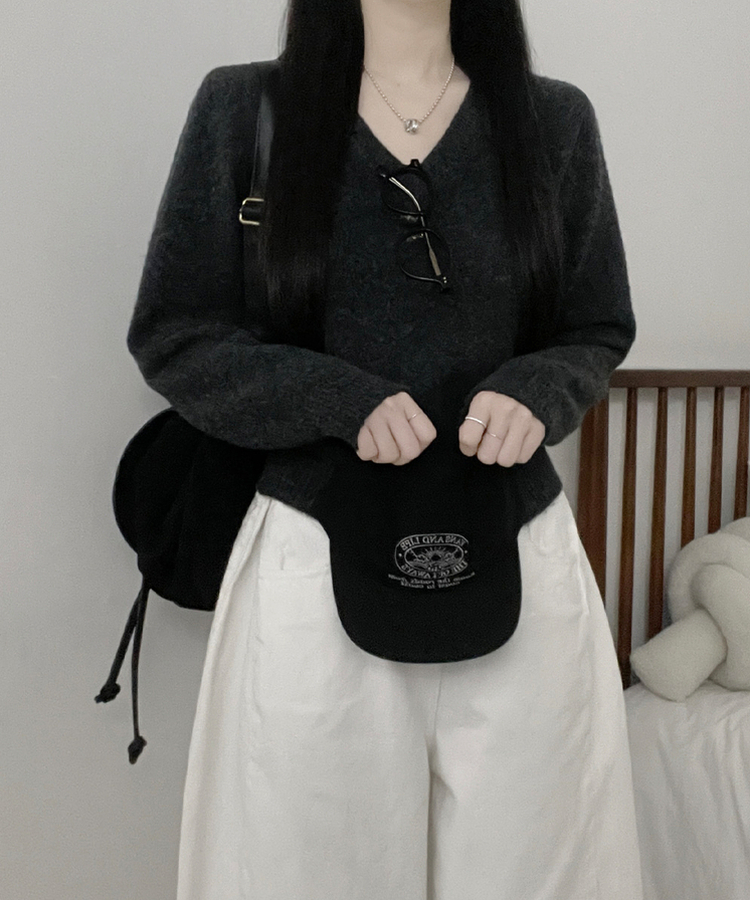 [V,라운드넥 선택]세미크롭핏라운드브이넥긴팔니트(10color) 차콜