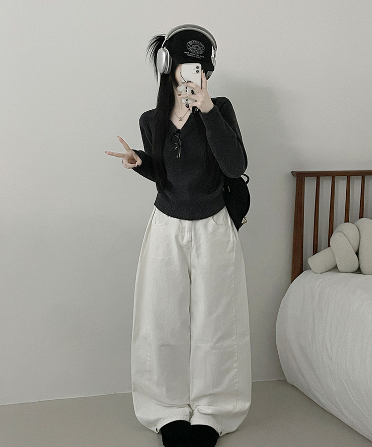 [V,라운드넥 선택]세미크롭핏라운드브이넥긴팔니트(10color) 차콜