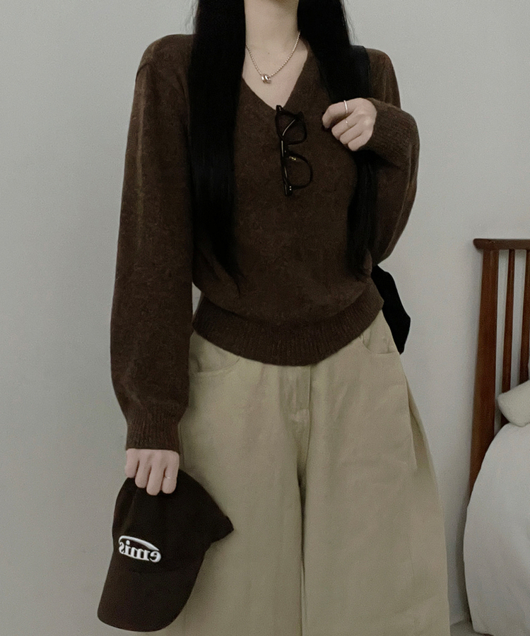 [V,라운드넥 선택]세미크롭핏라운드브이넥긴팔니트(10color) 밤색