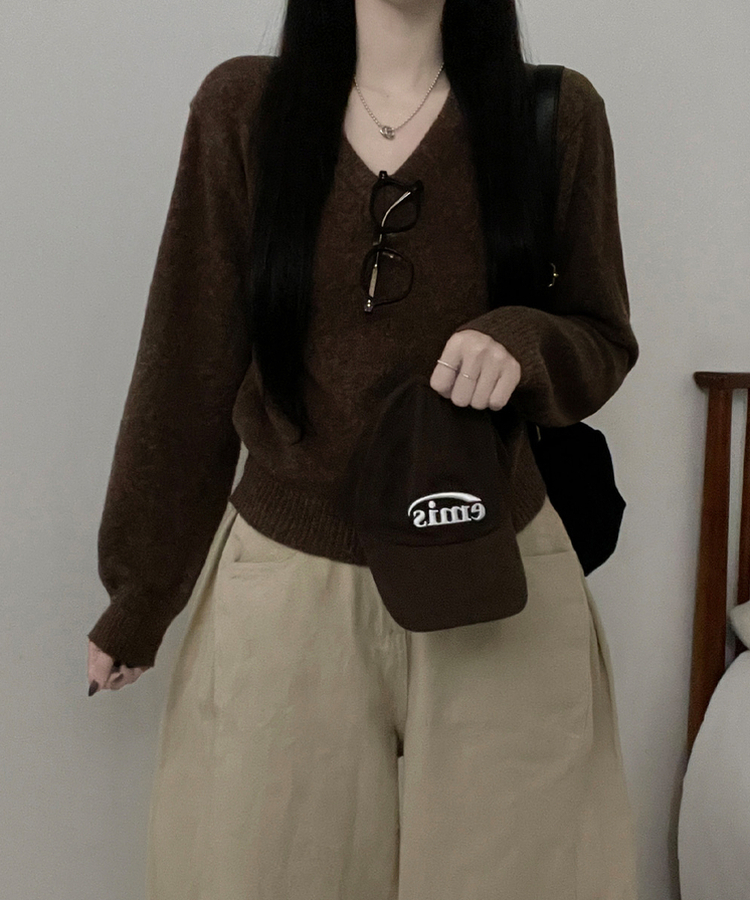 [V,라운드넥 선택]세미크롭핏라운드브이넥긴팔니트(10color) 밤색