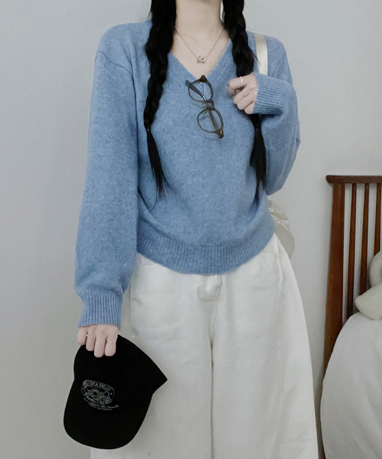 [V,라운드넥 선택]세미크롭핏라운드브이넥긴팔니트(10color) 소라