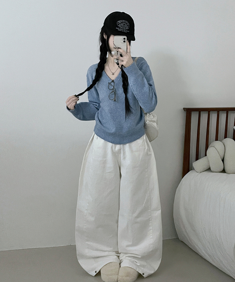 [V,라운드넥 선택]세미크롭핏라운드브이넥긴팔니트(10color) 소라